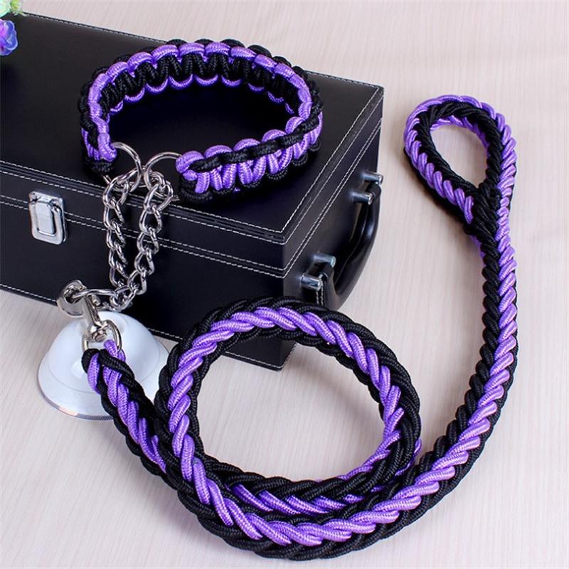 1.2M 17 Colors Length Double Strand Rope Large Dog Leashes Metal P Chain Buckle National Color Pet Traction Rope Collar Set A 14