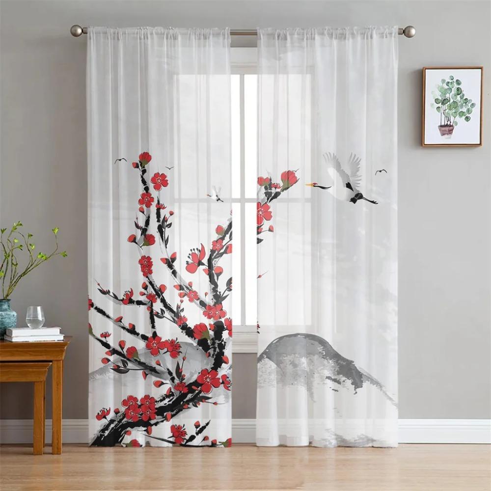 Plum Blossom Bird Chinese Style Tulle Translucent Drapes for Living Room Decoration Window Opening Drape for Bedroom Voile Organza Drapes