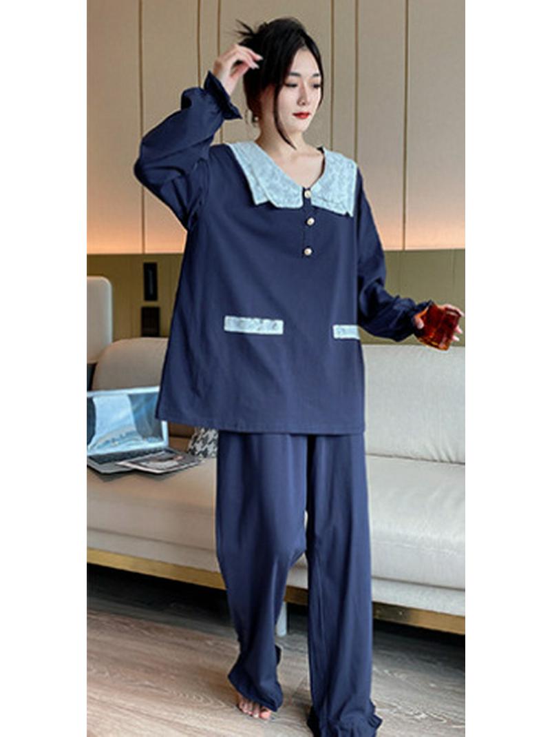 

All-Cotton Plus Size Women s Loose Long-Sleeve Pajama Set - Korean Style for Autumn and Winter XXXL глибокий/синій