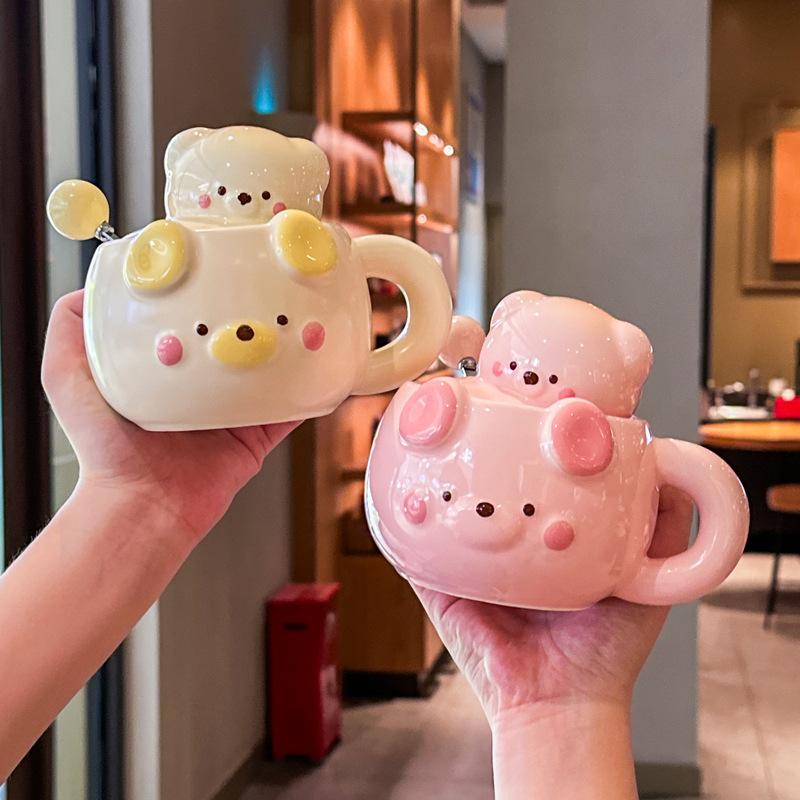 Cute Cream Bear Cup, Girls Ceramic Mug, High-value Souvenir, Practical Birthday Gift for Girlfriends