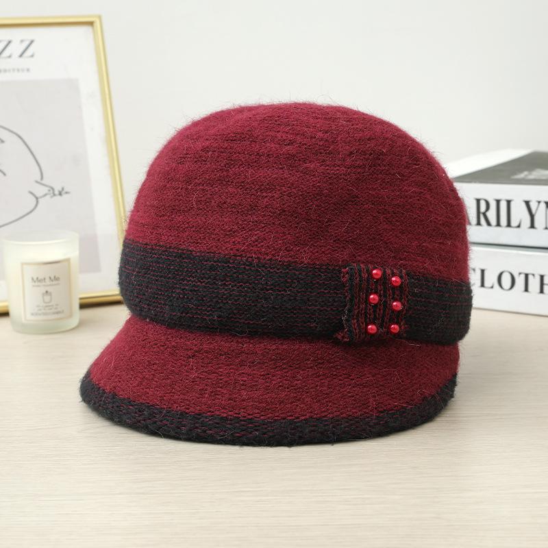Autumn and Winter Middle Aged and Elderly Hats for Women  Pearl Ribbon and Velvet Rabbit Hair Equestrian Hat  Cold Proof and Warm Knitted Scarf Set