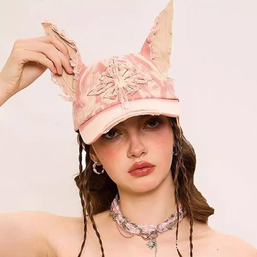 Y2K 3D Doberman Ears Denim Cap Washed Streetwear Hat Kawaii Distressed Baseball Cap for Women
