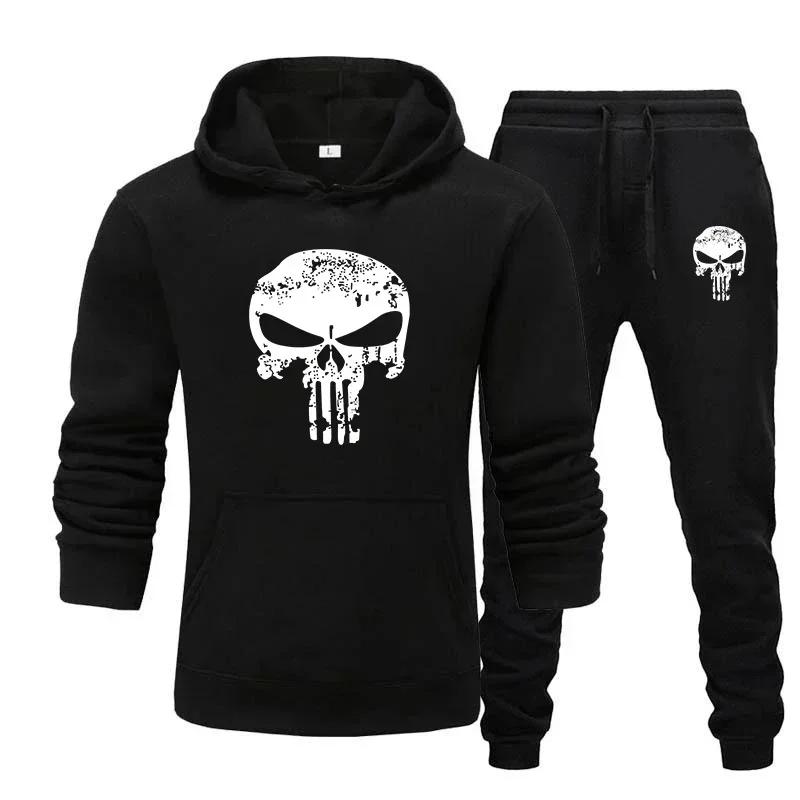 Worn-skull Men Hoodie & Jogger Set Front Vintage Scratched Skull Chest Print, Slim Bone Mark on Trousers, Thick Fleece Outfit for Outdoor Day Trips