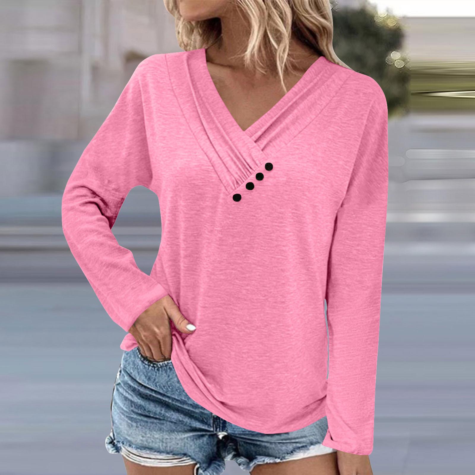

Блузки с длинным рукавом для женщин, повседневная рубашка на пуговицах с v-образным вырезом, винтажная однотонная блузка с цветочным принтом, топы, свободная посадка, осенняя рубашка, топ XL розовый