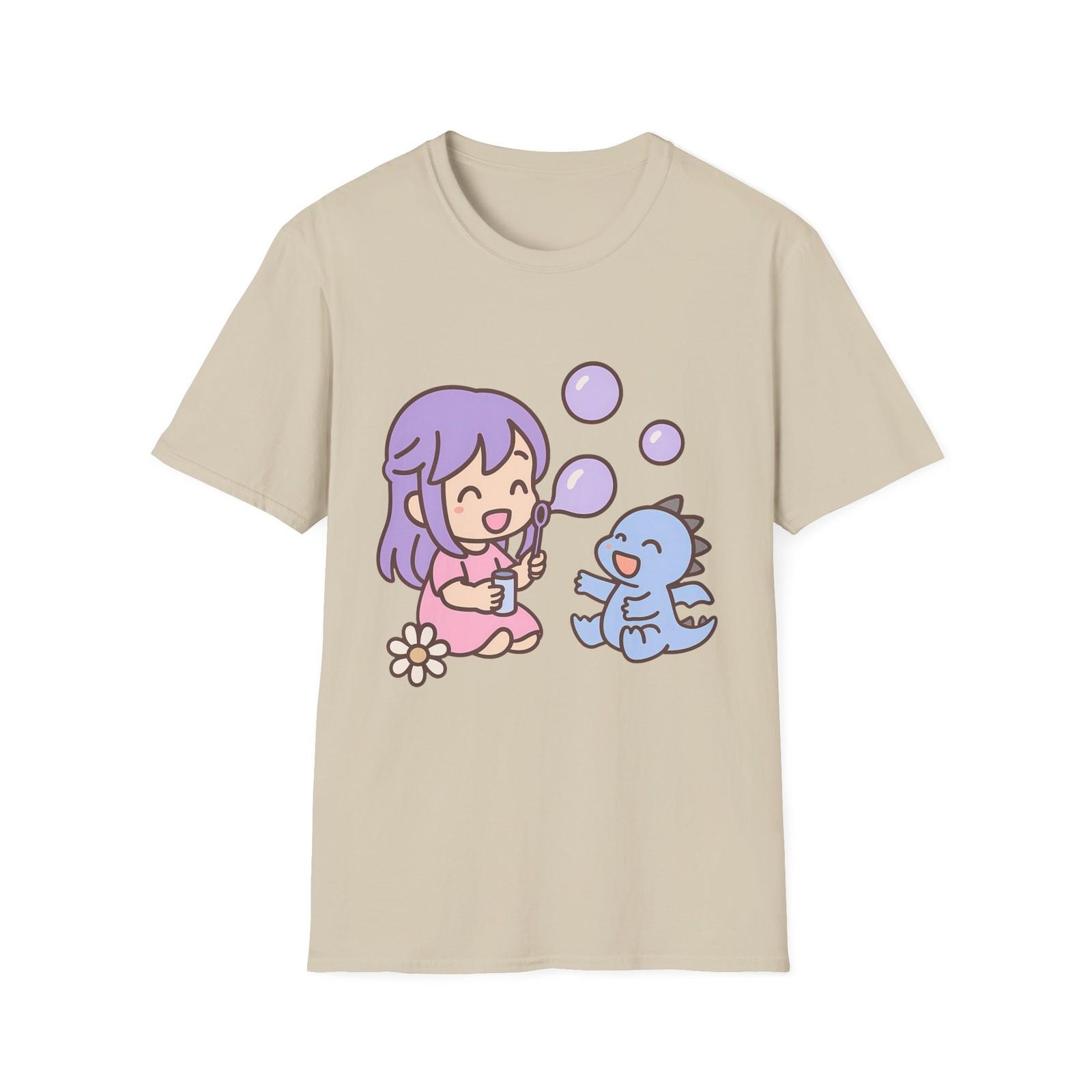 Unisex Softstyle Cute Dino and Kid T-Shirt Mens Womens Tees Top – Whimsical, Bubbles XL