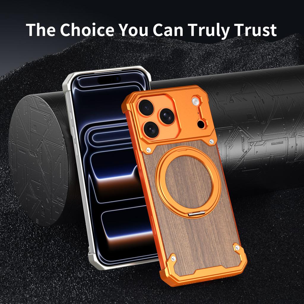 Luxury Metal Alloy Frame Wood Frameless Phone Case For iPhone 17 pro max 16 15 Pro Max Magsafe Magnet 360 Rotating Bracket Cover