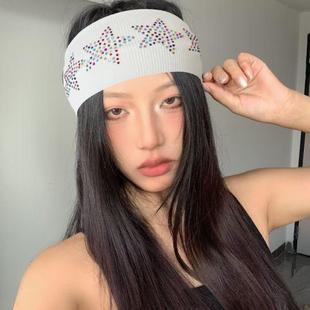 Sweat Absorbing Rhinestone Star Headband Soft Sports Hairband Elastic Headband  Women