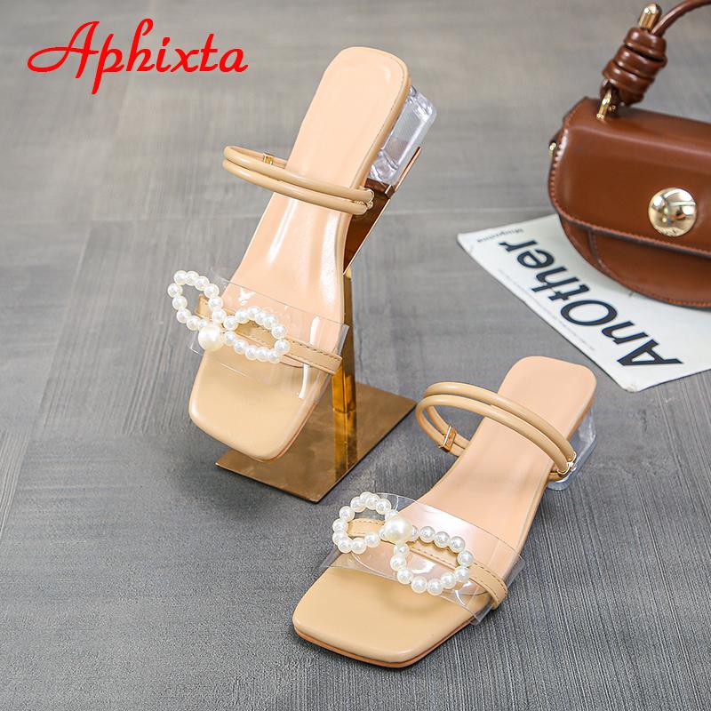 Aphixta 2025 Summer 4cmTransparent Square Heels Women Sandals Slides Pearl Butterfly-knot Open Toe Flip Flops Mujer Big Size 45