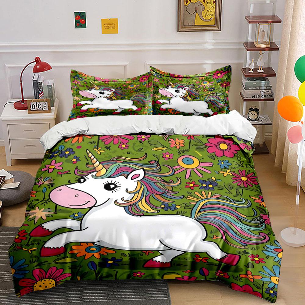 Unicorn and Floral Bedding Set Bedding Duvet Cover Set Duvet Cover Pillowcases (1 * Duvet Cover 2 * Pillowcases, Without Duvet Insert)