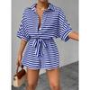 Summer Women's New Striped Lapel Button-up 1/2 Sleeves Jumpsuit Shorts, European American Style Casual Outfit for Crossborder
