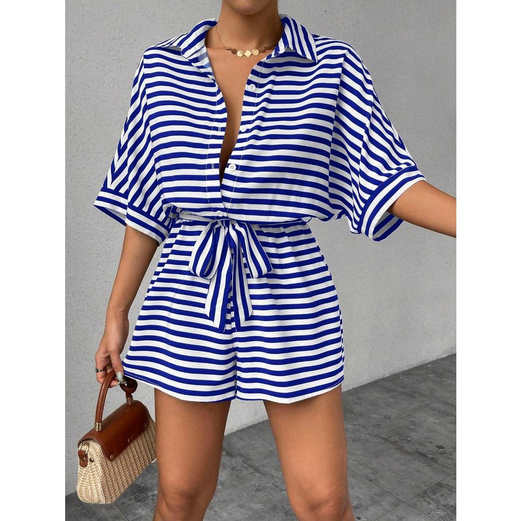 Summer Women's New Striped Lapel Button-up 1/2 Sleeves Jumpsuit Shorts, European American Style Casual Outfit for Crossborder