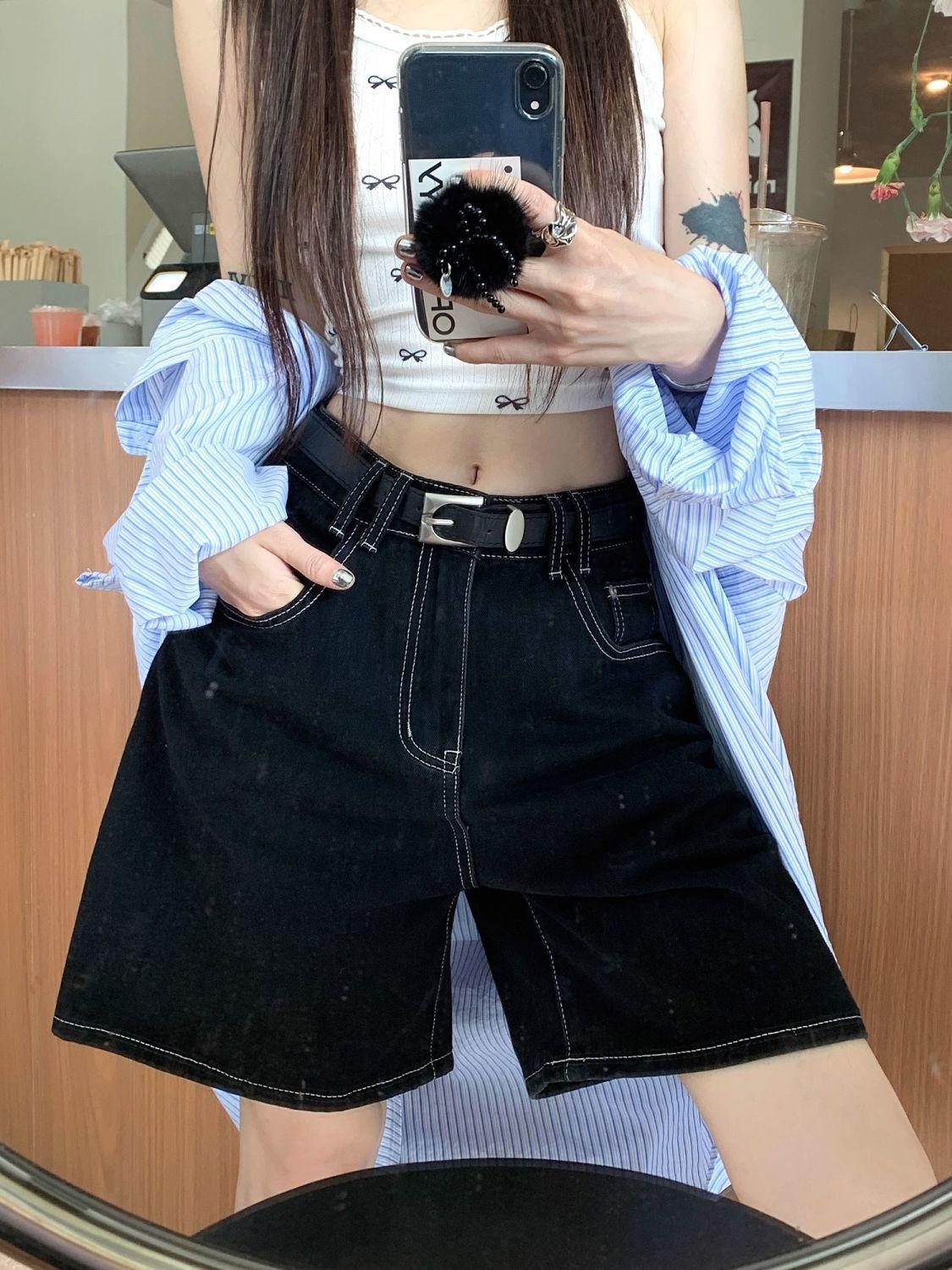 

Women s High-Waist A-Line Denim Shorts: Black, Five-Point, Double-Stitched, Loose Fit, Casual, Mid-Length, Trendy Summer Style XL чёрный