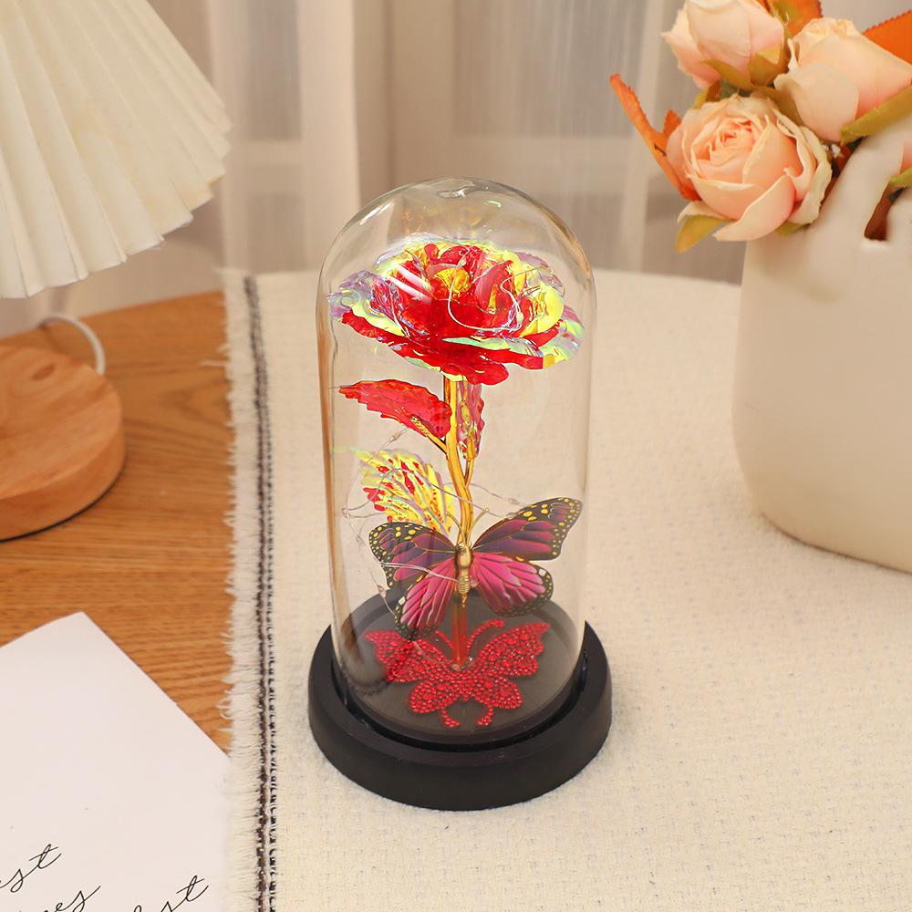Butterfly Water Brick Gold Foil Flower with Lamp Glass Cover, Bedroom Rose Night Light Ornament, Valentine's Day and Mother's Day Gift.