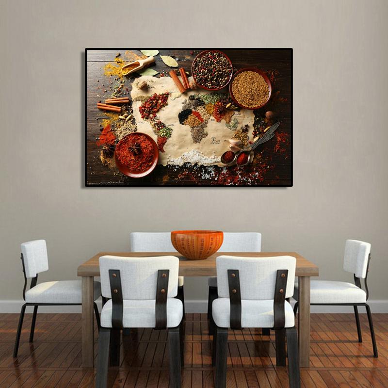 Wall Art Canvas Painting World Map with Spice Posters and Prints Wall Pictures for Dining Room Cuadros Home Decoration No Frame