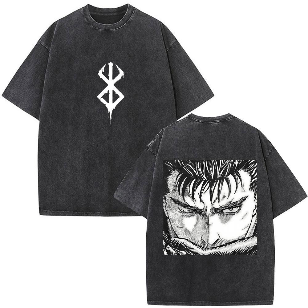 Unisex Washed Anime Berserk Guts T-shirts Swordsman Gatsu Sacrifice Zodd Cosplay T Shirt Oversized Cotton Vintage T Shirts Streetwear