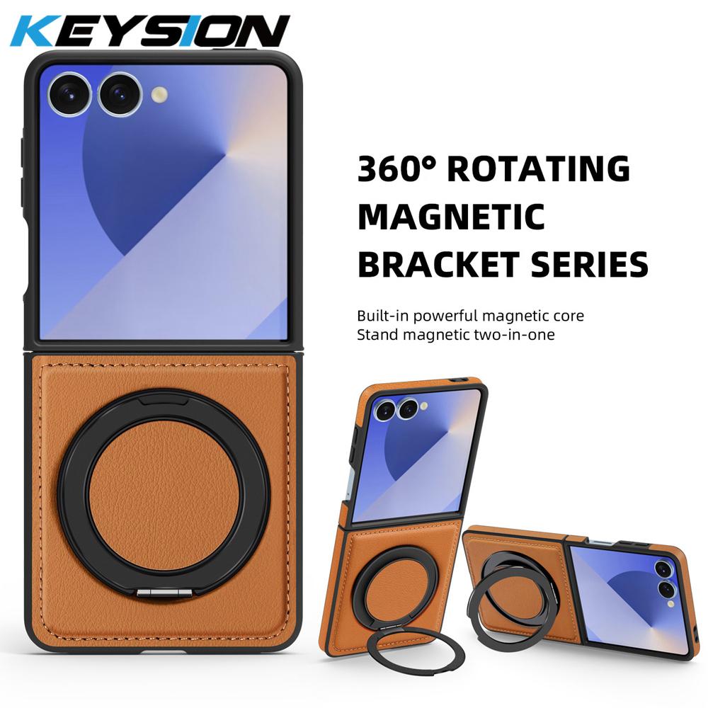 KEYSION 360° Rotating Magnetic Ring Stand PU Leather Case for MagSafe for Samsung Z Flip 7 5G 7 SE Wireless Charging Phone Cover