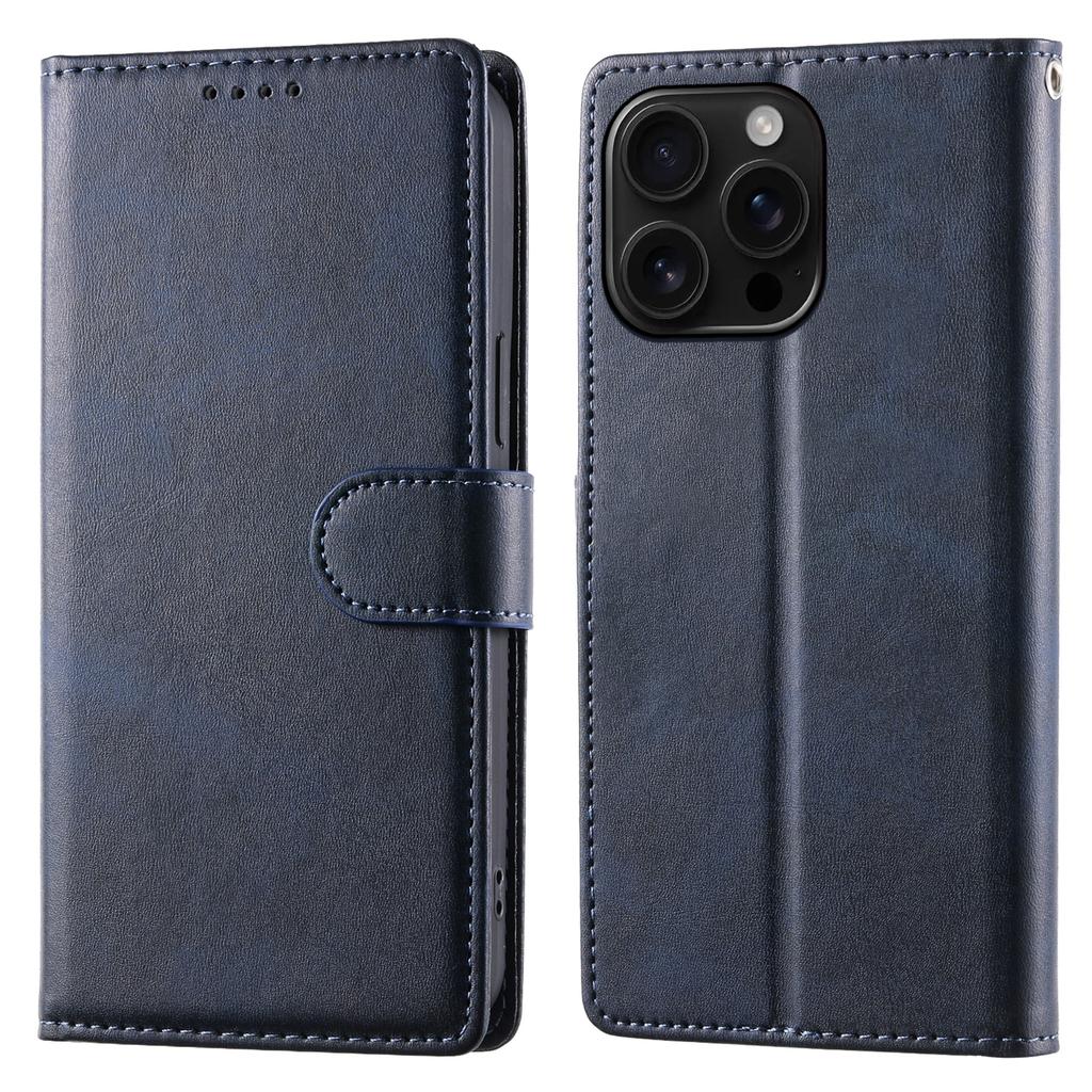For iPhone 16 Pro Max Case Stand Wallet Calf Texture PU Leather Flip Phone Cover with Wrist Strap