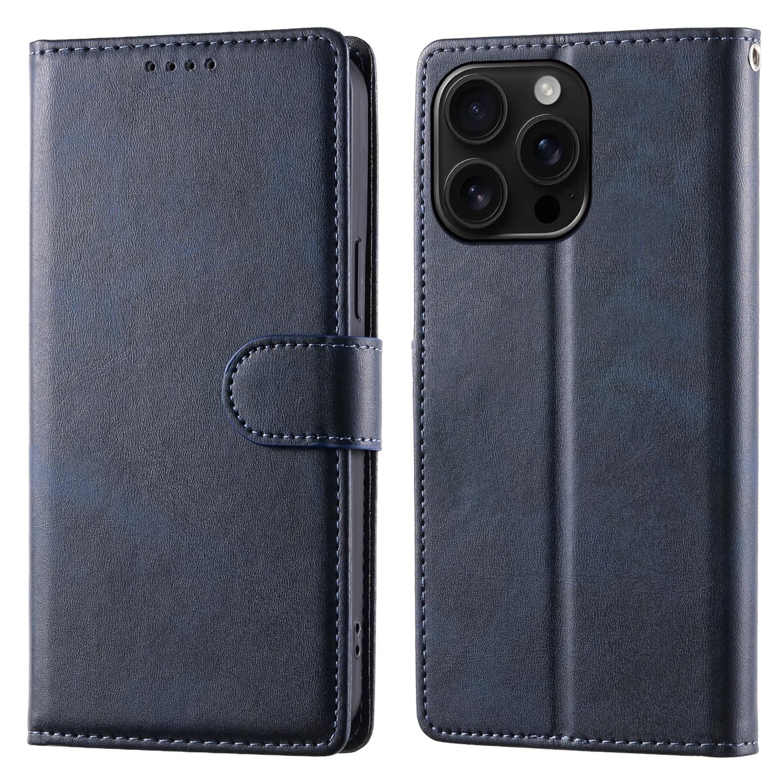 

For iPhone 16 Pro Max Case Stand Wallet Calf Texture PU Leather Flip Phone Cover with Wrist Strap