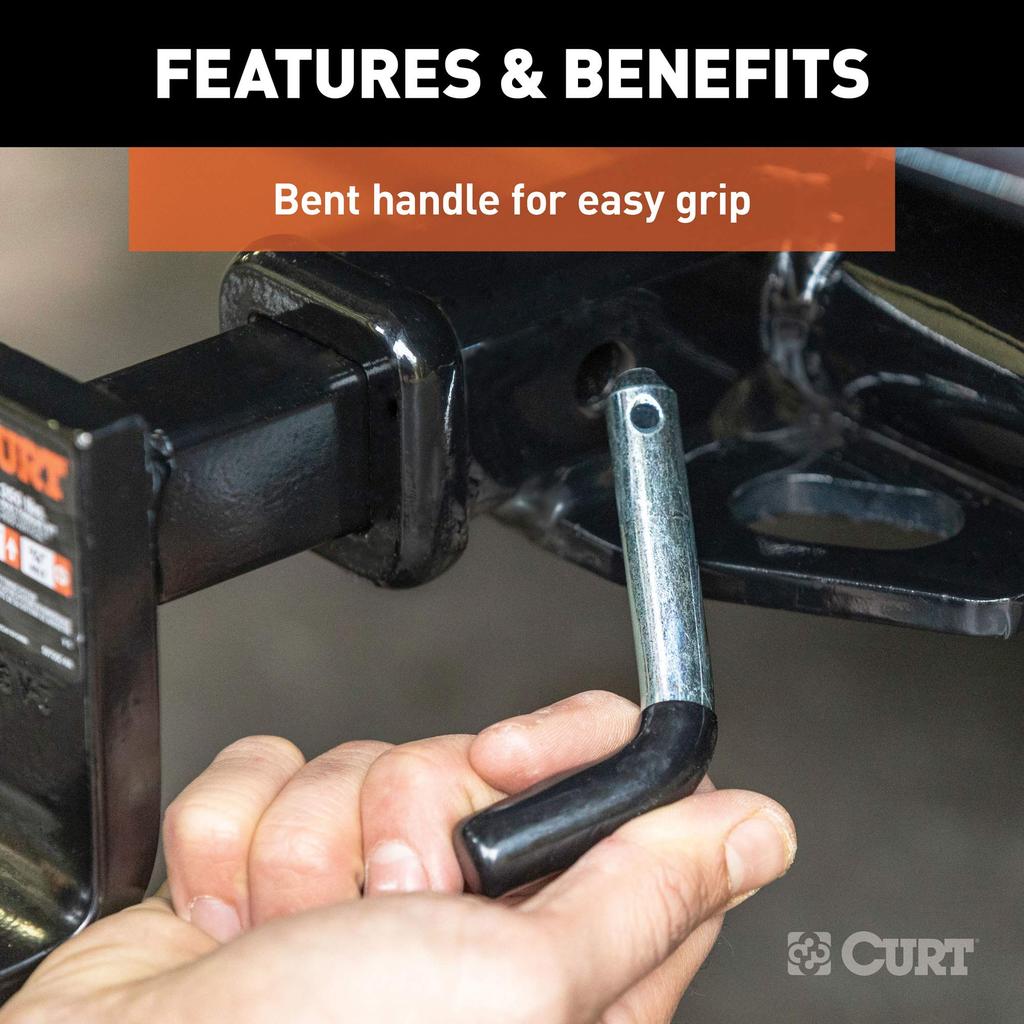 CURT 21410 Anhängerkupplungsstift & Clip mit vinylbeschichtetem Griff, Passend für 1/2" Durchmesser, 1-1/4" Empfänger, Klarzink