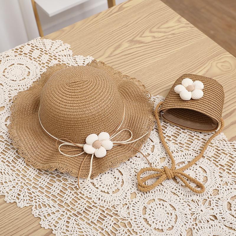 2PCS New Summer Cute Baby Girl Straw Hat Solid Color Lace RuffleKids Fisherman Outdoor Beach Caps SunshadeWide brim Bucket Hats