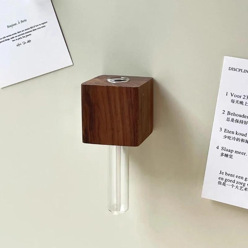 Wooden Test Tube Vase DIY Flower Arrangement Magnetic Simulation Flower Vase Refrigerator Sticker Home Kitchen Decorations Vases