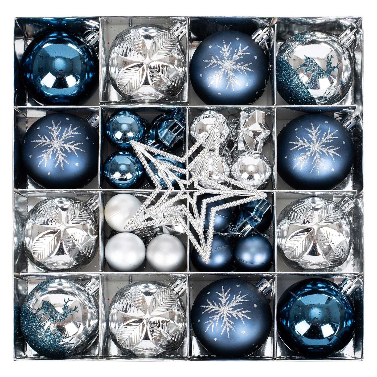 

45-piece Christmas Tree Ornament Set, Navy Blue And Shatterproof Spheres And Stars, Suitable For Christmas Tree Decorations And Table Decorations. One Size