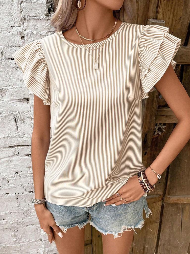Women's Summer New Style Round Neck Striped Ruffles Sleeve Shirt Top