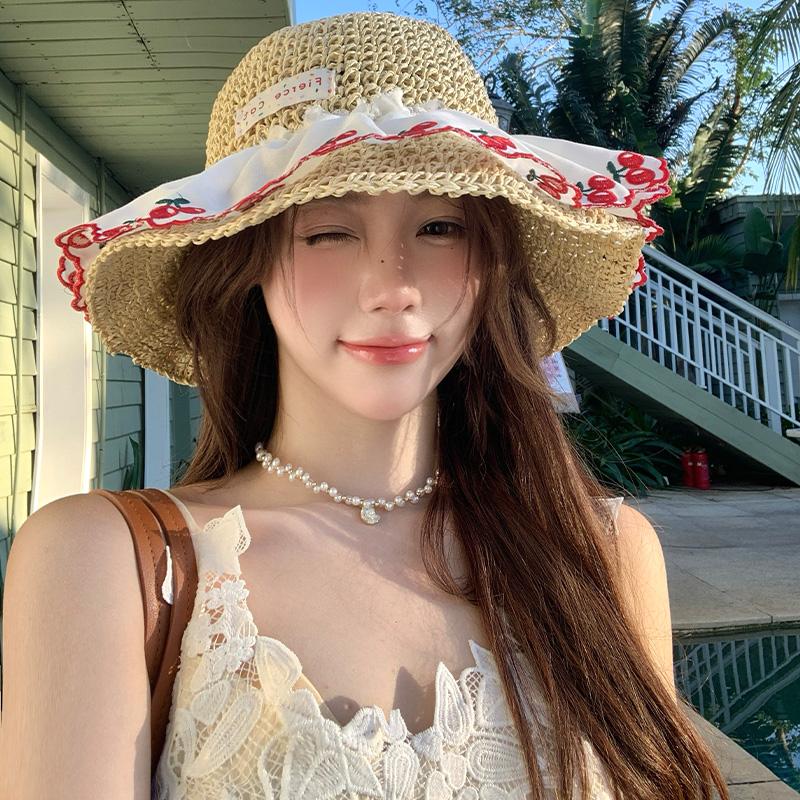 Sweet Hollow Seaside Vacation Straw Hat Women's Summer Sunscreen Straw Hat Big Brim Lace Sunshade Beach Parent-child Hat
