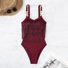 Women Sexy Monokini Sling Sleeveless Tassel Decor Swimsuit Mesh Splicing Backless Design One-piece Bikini