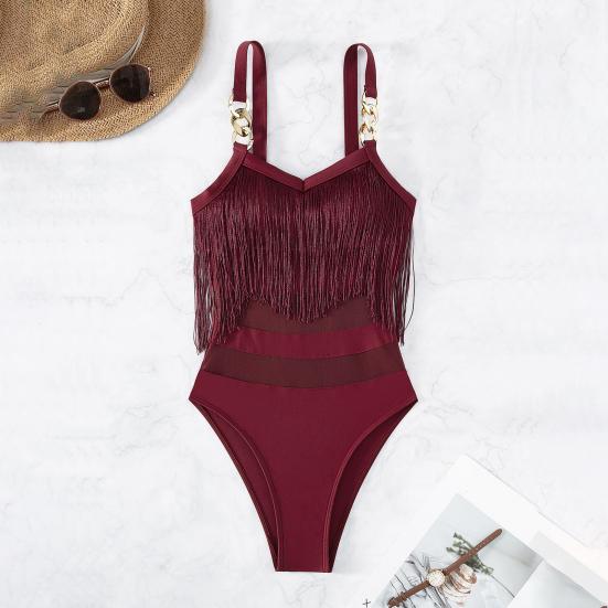 Women Sexy Monokini Sling Sleeveless Tassel Decor Swimsuit Mesh Splicing Backless Design One-piece Bikini