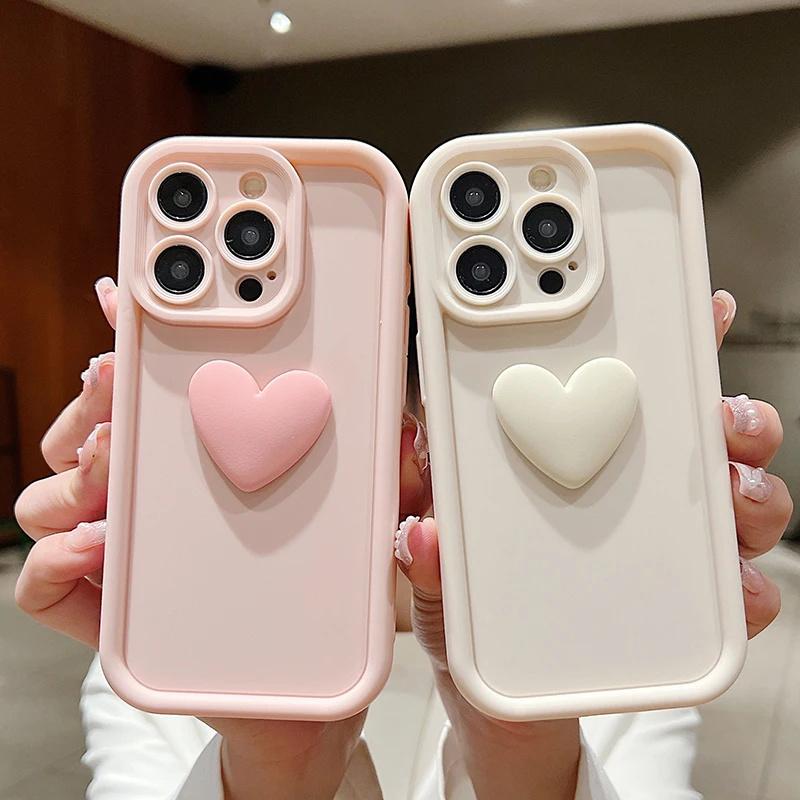 Cute 3D Love Heart Pink Silicone Phone Case for iPhone 16 15 Pro Max 16E 11 12 13 14 15 17 Pro Max 14 Plus 17 Air Matte Cover