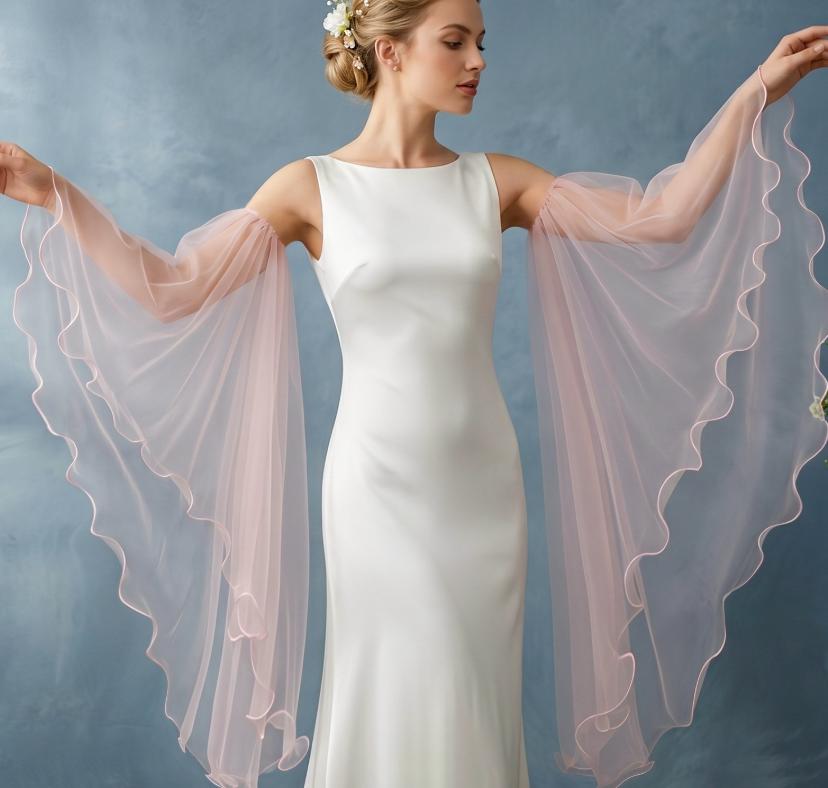 Maniche a Soffio Lunghe Staccabili in Tulle, Maniche Finte Ruffled in Rete Trasparente Off-Shoulder per Abito da Sposa, Abito da Sera/Prom