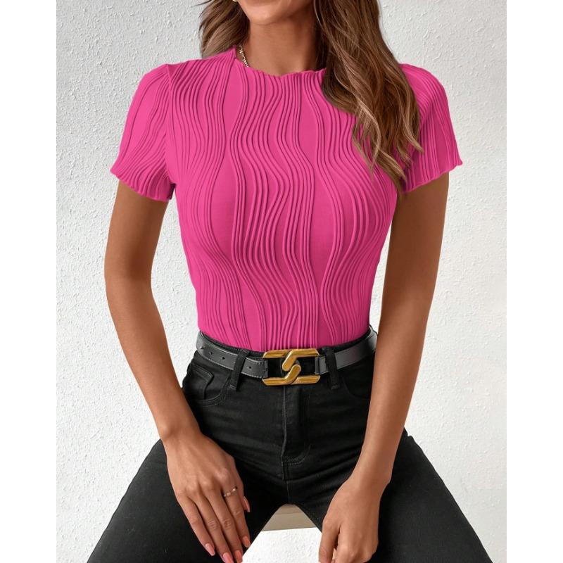 Ladies Summer New Solid Colour Round Neck Slim Short-sleeved T-shirt Tops
