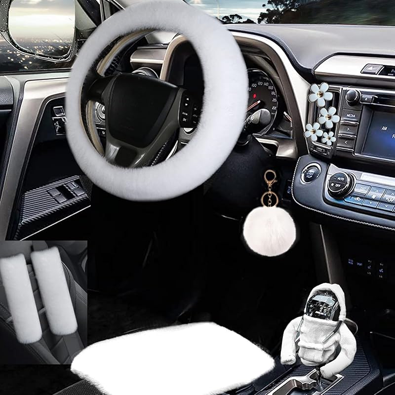 10 Pieces Fluffy Steering Wheel Covers Set,YSLSLOO Furry Steering Wheel Cover for Women Fashion Steering Wheel Cover Soft Steering Wheel Protector