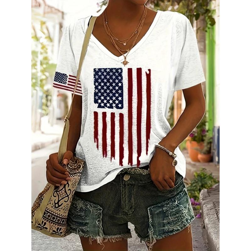 2026 New Star Print Women's T-Shirt Plus Size Top America Flag Summer Women's Trendy Clothing