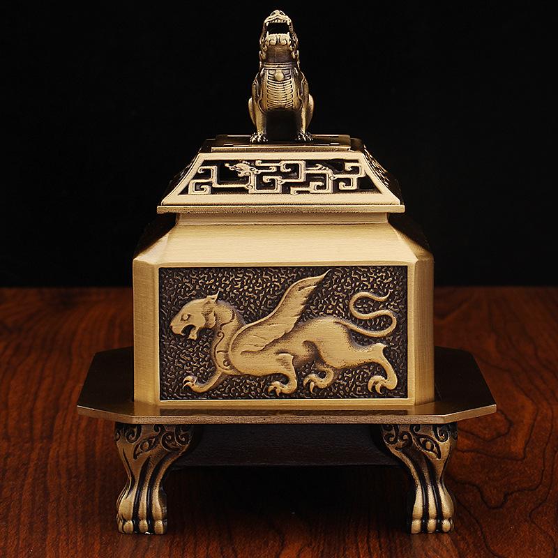 Brass Incense Chinese Style Home Office Aromatherapy Burner Vintage Antique Four Divine Beasts Square Metal Craft
