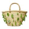 Embroidered Resin Bead Trim Straw And Leather Tote Bag Small Women Handbags Wild-Leaf 154878-300