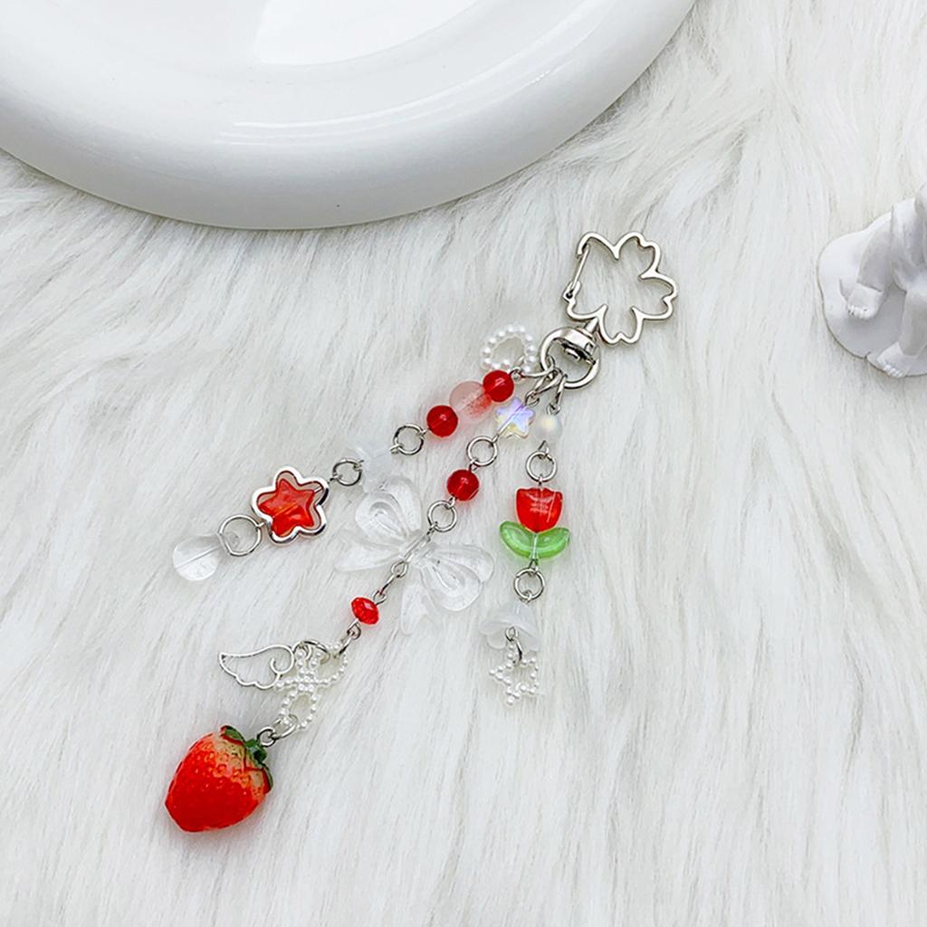 Strawberry/Peach Keychain Bowknot Star Flower Beaded Keyring Pendant Unique Phone Charm Ornament for Fashion Lovers