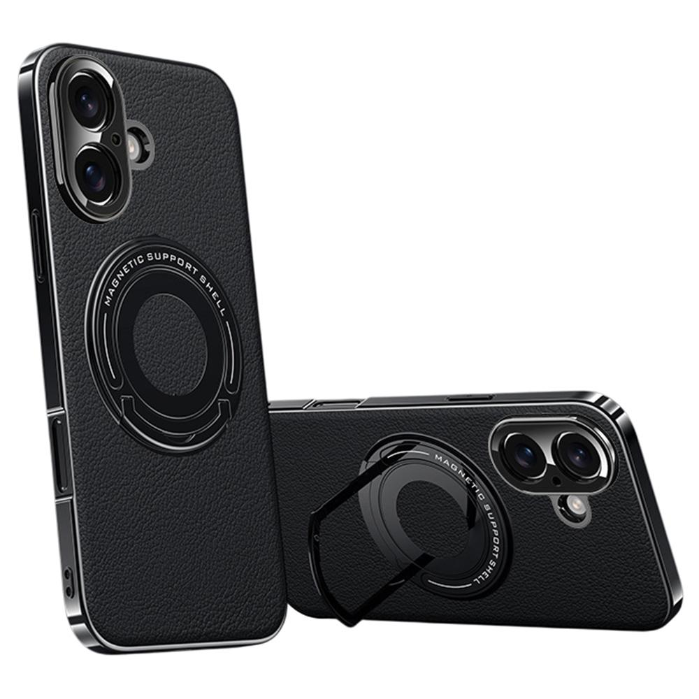 

For iPhone 16 Case Compatible with MagSafe Leather TPU Back Cover with Hidden Kickstand Black