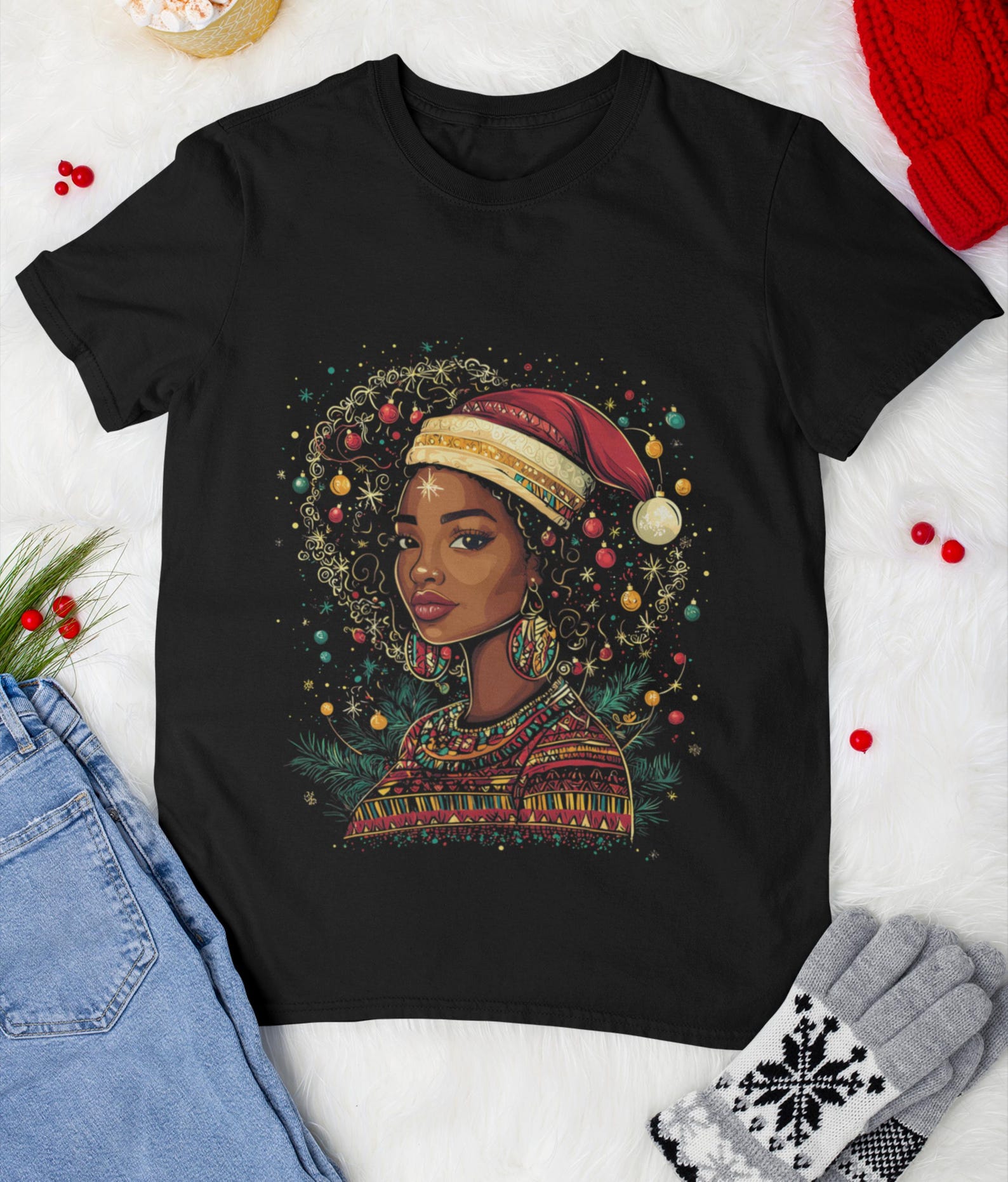 Afrocentric Christmas T-Shirt: Festive African Woman Holiday Tee S