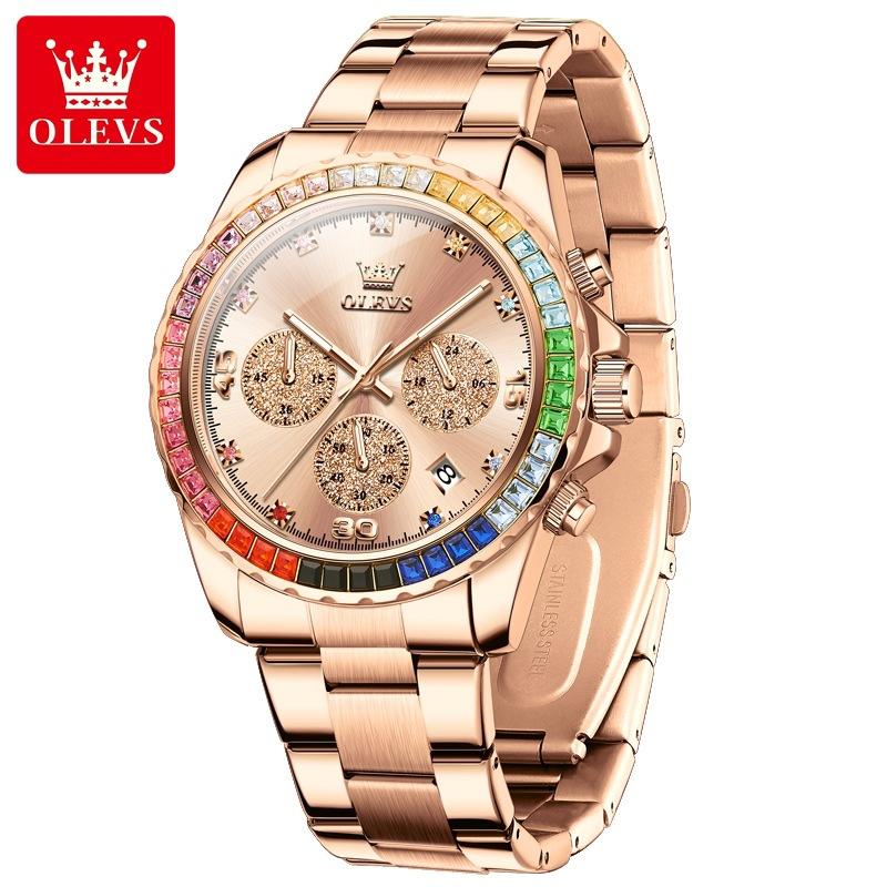 

Часы для мужчин OLEVS Rainbow Gemstone Bezel Business Luxury Quartz Watches Водонепроницаемые светящиеся часы розового золота