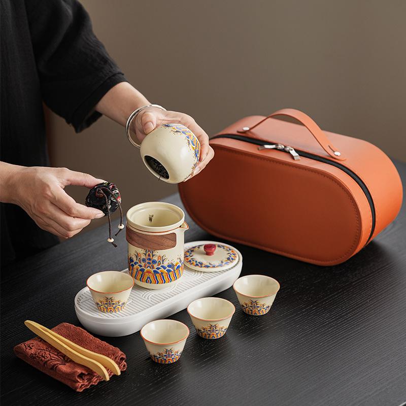 Retro light luxury wave business travel tea set portable enterprise high-end gift outdoor tea set