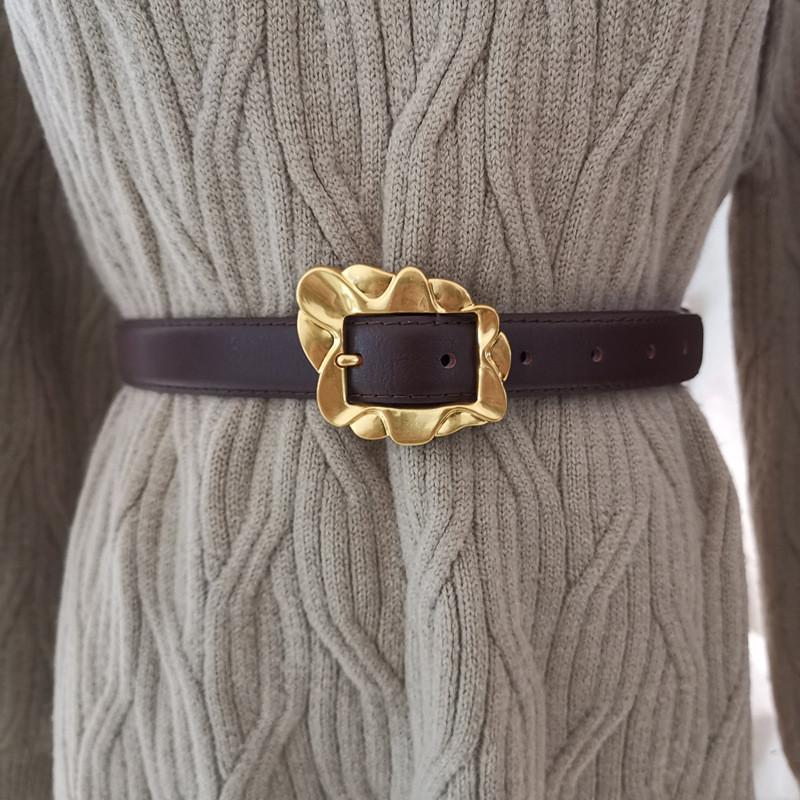 Leather Belt Women With Flowers Shaped Metal Buckle For Daily Casual Use Office