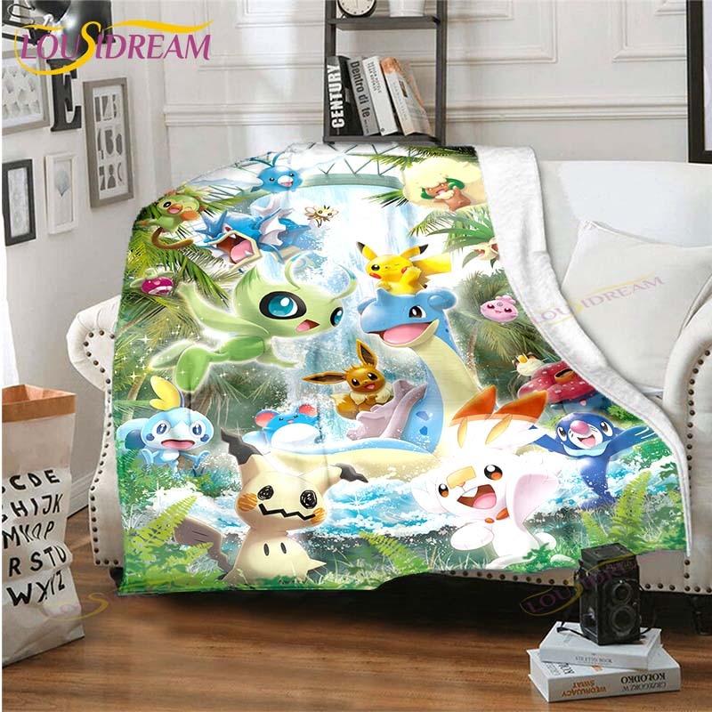 Cartoon Pokemon Printed Pikachu Fleece Plush Blanket Soft Warm Blanket for Adults and Children Bedroom Sofa Gift  Picnic Blanket