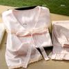 Women's Ice Silk Pajamas Set with Bow and Lace Trim - Perfect Spring/Summer Gift