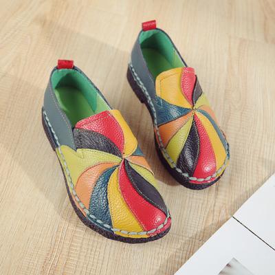 Spring New Flat Women's Shoes Ethnic Style Color-blocking Genuine Leather Women's Singles Casual Large Size Mother's Shoes Popular Shoes