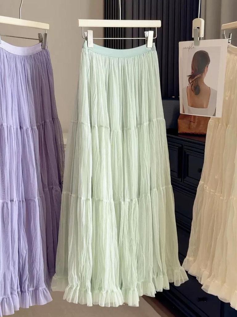 Spring 2026 Women's High-Waisted Ruffled Mesh A-Line Maxi Skirt - Gentle & Slimming