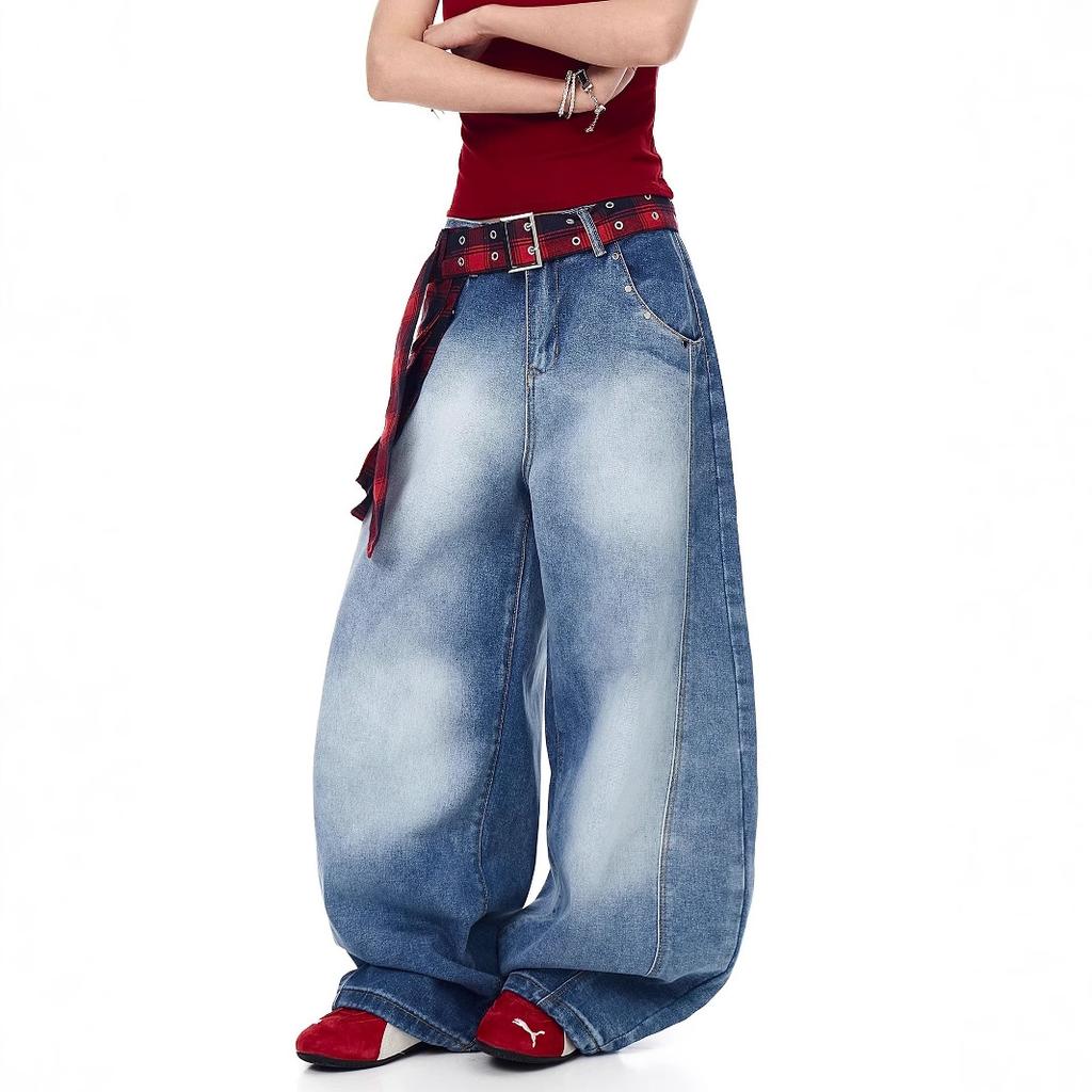 JYL Men's Plaid Waist Jeans Vintage Bootcut Loose Trendy Jazz Wide-Leg Denim