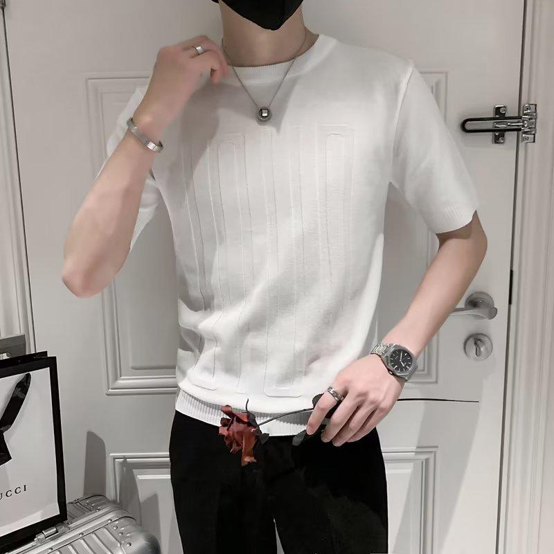 Herren Trendiges Gestreiftes Eis-Seide Slim Fit T-Shirt - Atmungsaktiv, Kurze Halbarme