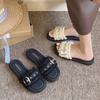 Internet celebrity cool slippers women's summer wear 2025 new super fire belt buckle one word flat bottom non-slip beach shoes